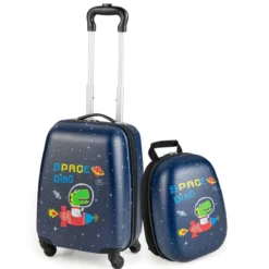 2 tlg Kinderkoffer + Rucksack Kindertrolley aus Kunststoff Kinder Kofferset Weltraum-Dinosaurier