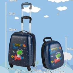 2 tlg Kinderkoffer + Rucksack Kindertrolley aus Kunststoff Kinder Kofferset Weltraum-Dinosaurier
