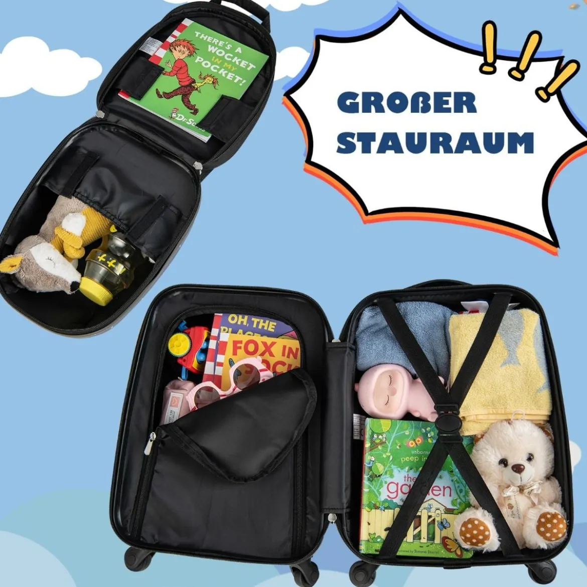 2 tlg Kinderkoffer + Rucksack Kindertrolley aus Kunststoff Kinder Kofferset Weltraum-Dinosaurier