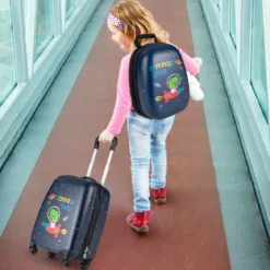 2 tlg Kinderkoffer + Rucksack Kindertrolley aus Kunststoff Kinder Kofferset Weltraum-Dinosaurier