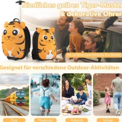 2 TLG Kinderkoffer & Rucksack mit Rollen & 3 stufigem Teleskopgriff 12”+16” Kindertrolley Tiger