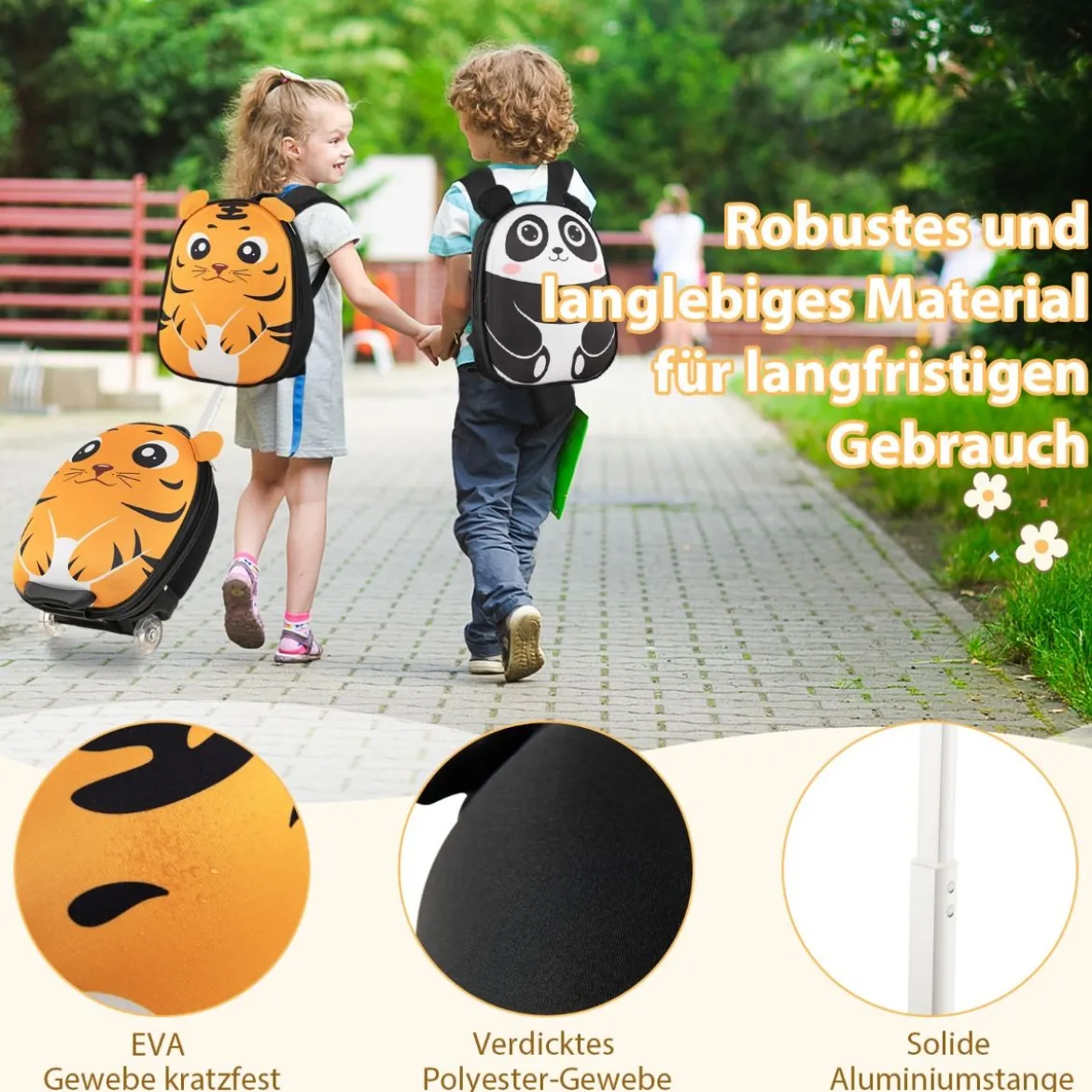 2 TLG Kinderkoffer & Rucksack mit Rollen & 3 stufigem Teleskopgriff 12”+16” Kindertrolley Tiger