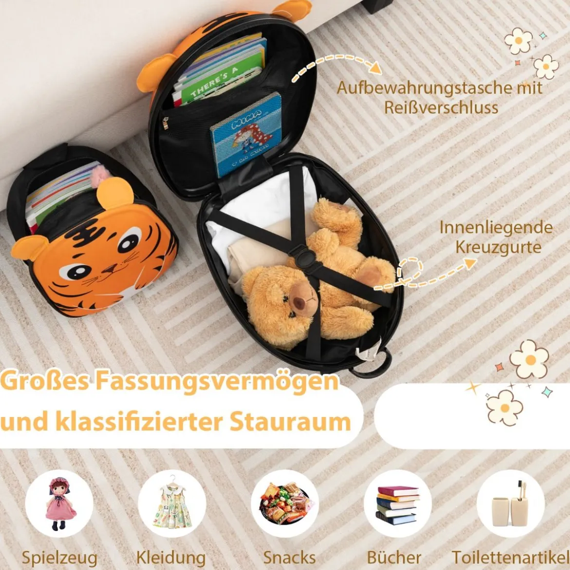 2 TLG Kinderkoffer & Rucksack mit Rollen & 3 stufigem Teleskopgriff 12”+16” Kindertrolley Tiger