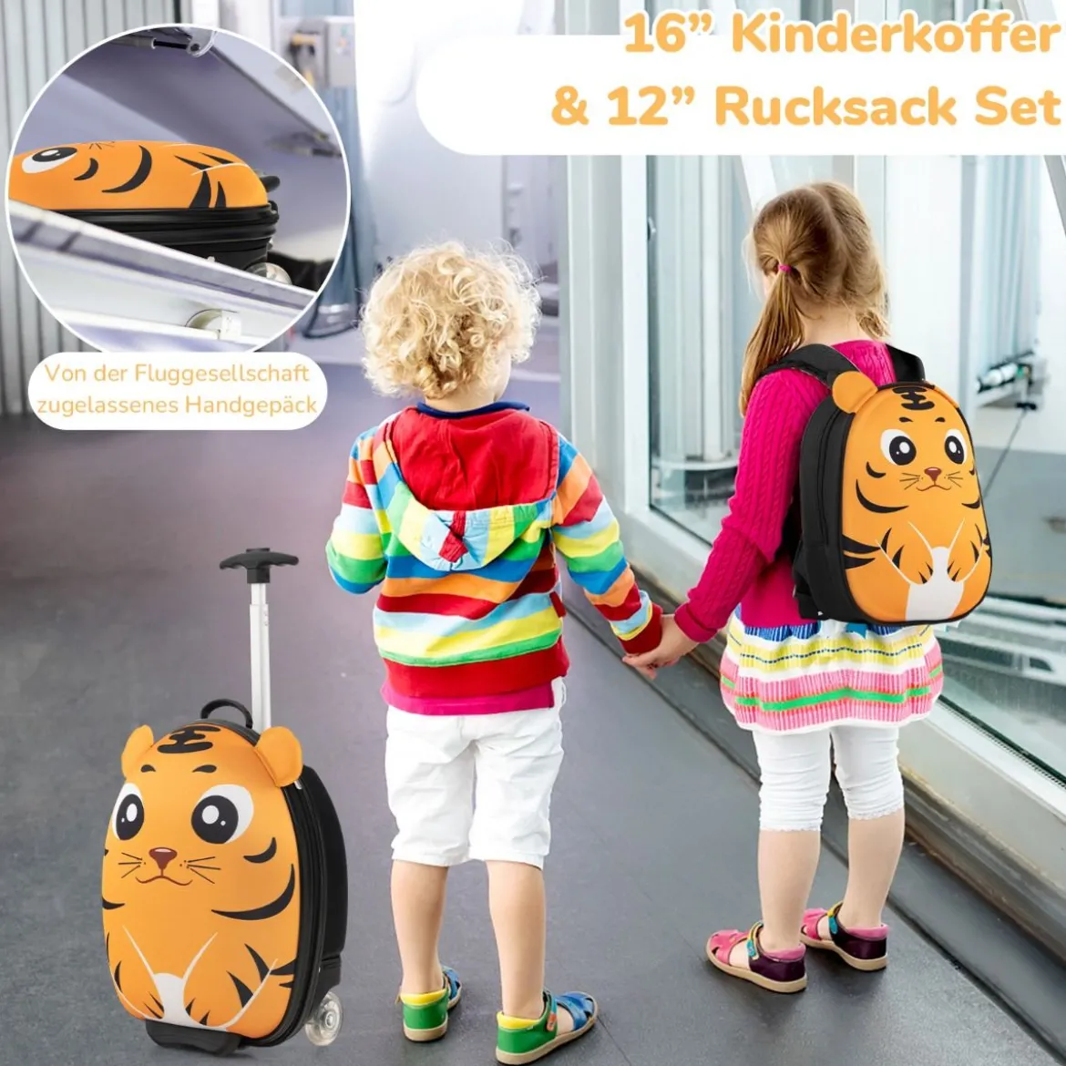 2 TLG Kinderkoffer & Rucksack mit Rollen & 3 stufigem Teleskopgriff 12”+16” Kindertrolley Tiger