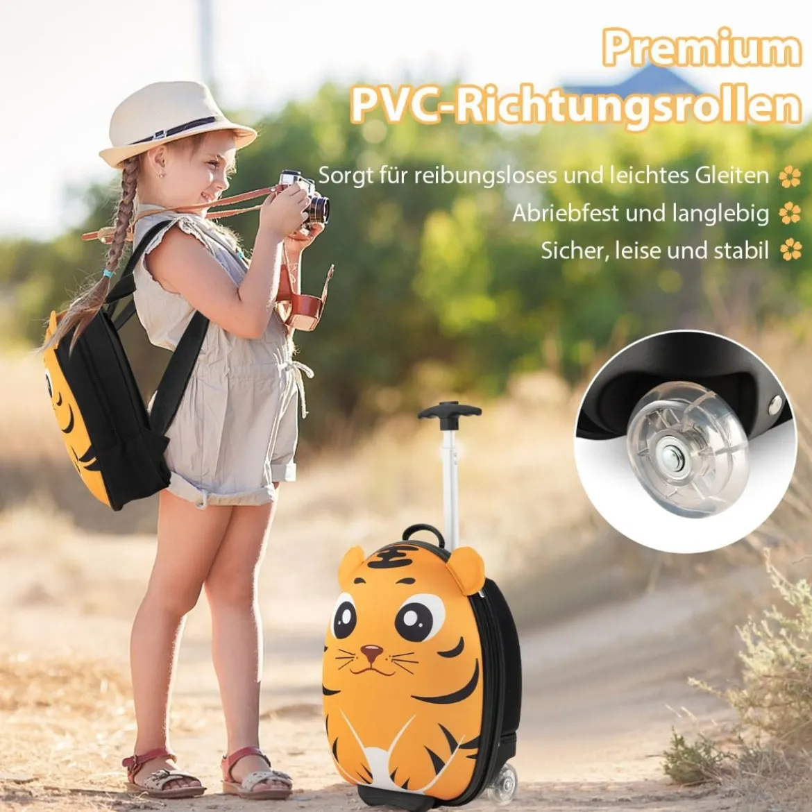 2 TLG Kinderkoffer & Rucksack mit Rollen & 3 stufigem Teleskopgriff 12”+16” Kindertrolley Tiger