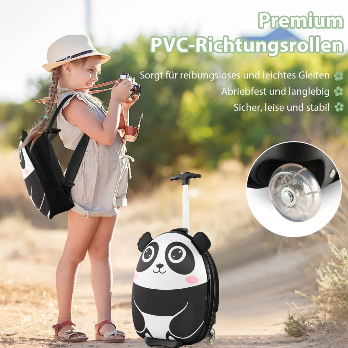 2 TLG Kinderkoffer & Rucksack mit Rollen & 3 stufigem Teleskopgriff 12”+16” Kindertrolley Panda
