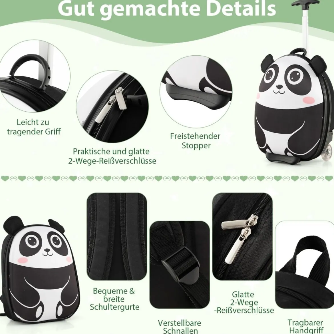 2 TLG Kinderkoffer & Rucksack mit Rollen & 3 stufigem Teleskopgriff 12”+16” Kindertrolley Panda