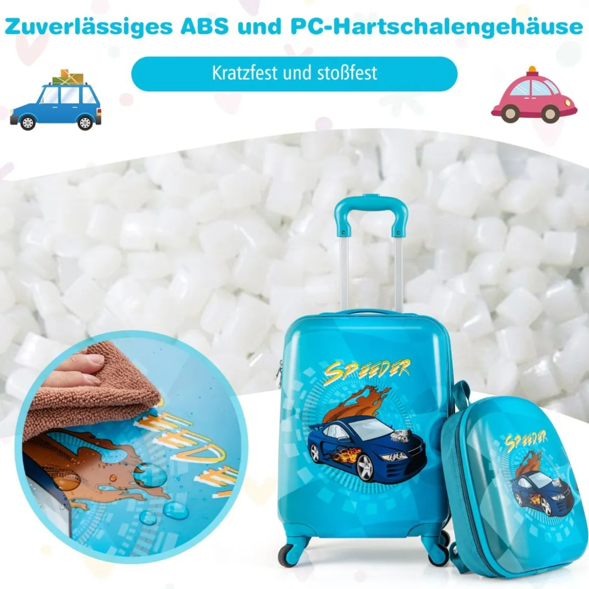 2tlg Kinderkoffer Set Kindergepäck mit Rädern 17" Handgepäck & 13" Hartschalen-Rucksack Blau Auto