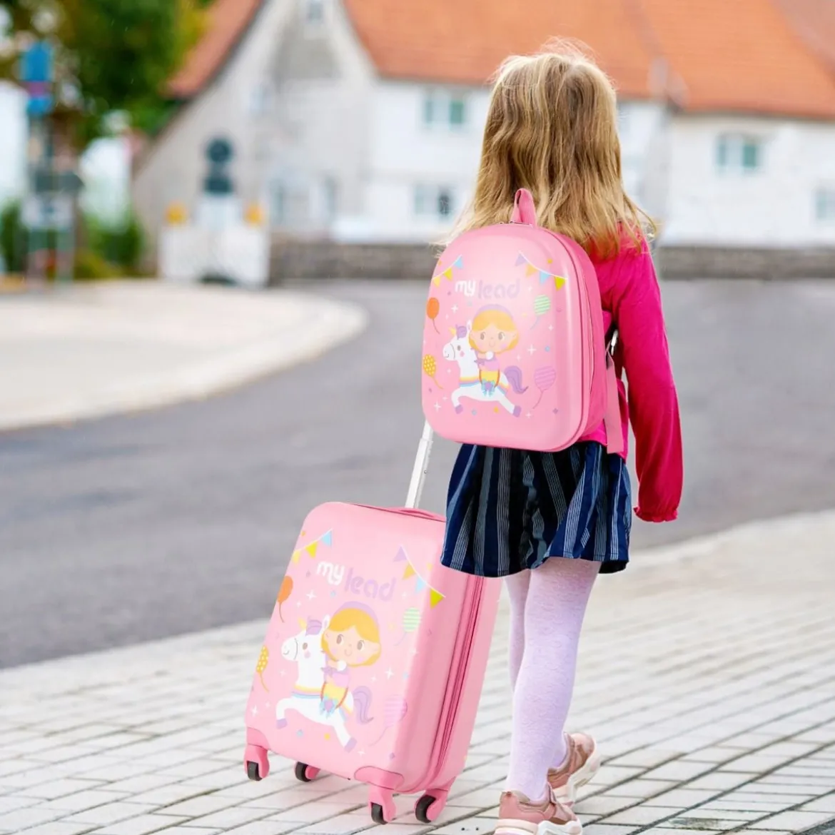 2tlg Kinderkoffer Set Kindergepäck mit Rädern 17" Handgepäck & 13" Hartschalen-Rucksack Rosa Einhörner