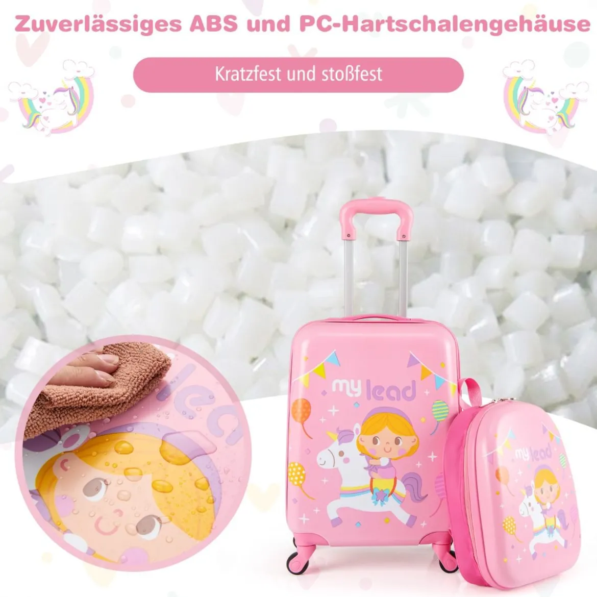 2tlg Kinderkoffer Set Kindergepäck mit Rädern 17" Handgepäck & 13" Hartschalen-Rucksack Rosa Einhörner