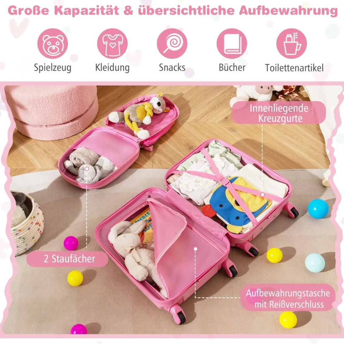 2tlg Kinderkoffer Set Kindergepäck mit Rädern 17" Handgepäck & 13" Hartschalen-Rucksack Rosa Einhörner