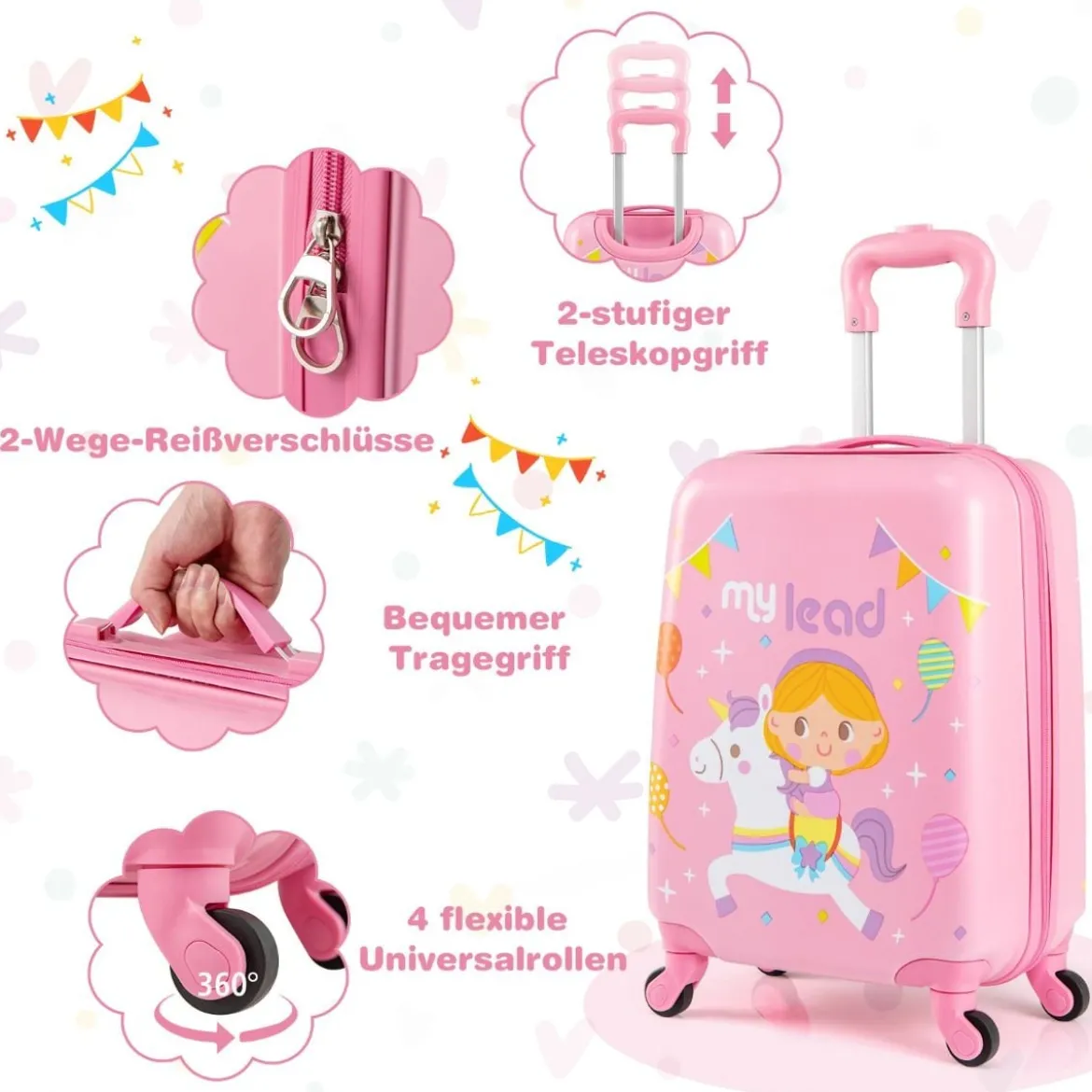 2tlg Kinderkoffer Set Kindergepäck mit Rädern 17" Handgepäck & 13" Hartschalen-Rucksack Rosa Einhörner