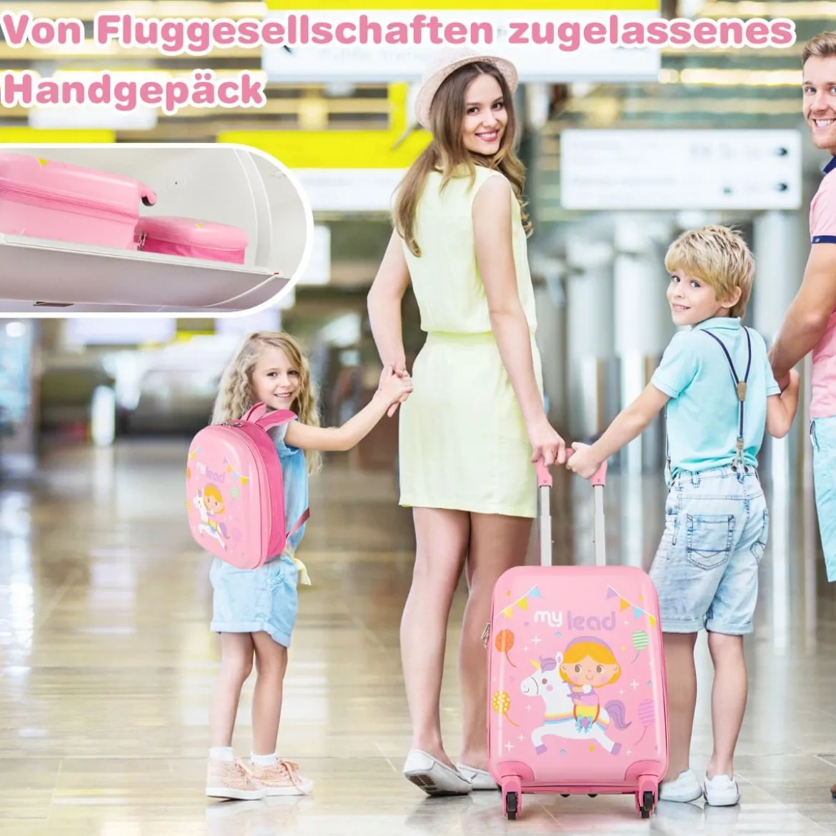 2tlg Kinderkoffer Set Kindergepäck mit Rädern 17" Handgepäck & 13" Hartschalen-Rucksack Rosa Einhörner