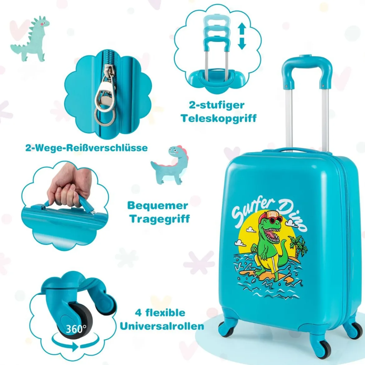 2tlg Kinderkoffer Set Kindergepäck mit Rädern 17" Handgepäck & 13" Hartschalen-Rucksack Dinosaurier Blau