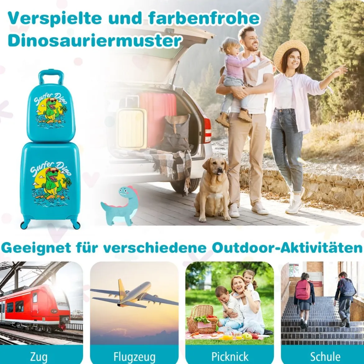 2tlg Kinderkoffer Set Kindergepäck mit Rädern 17" Handgepäck & 13" Hartschalen-Rucksack Dinosaurier Blau