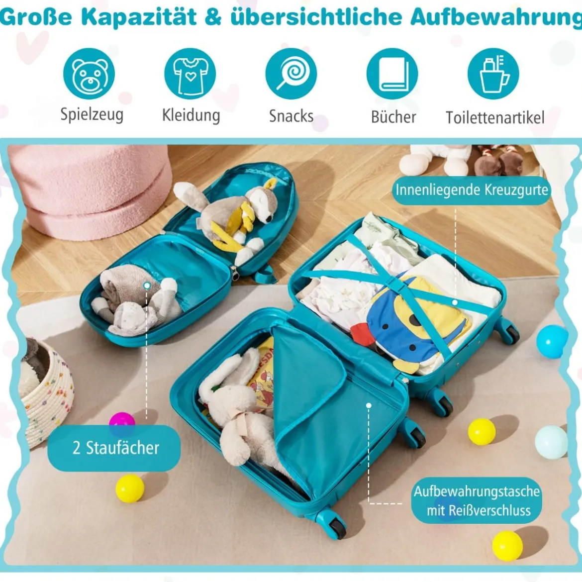2tlg Kinderkoffer Set Kindergepäck mit Rädern 17" Handgepäck & 13" Hartschalen-Rucksack Dinosaurier Blau