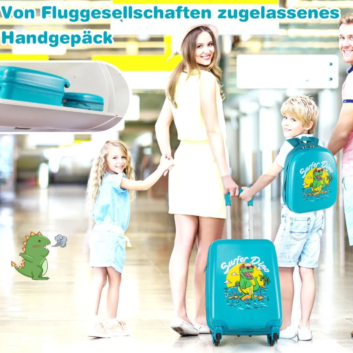 2tlg Kinderkoffer Set Kindergepäck mit Rädern 17" Handgepäck & 13" Hartschalen-Rucksack Dinosaurier Blau