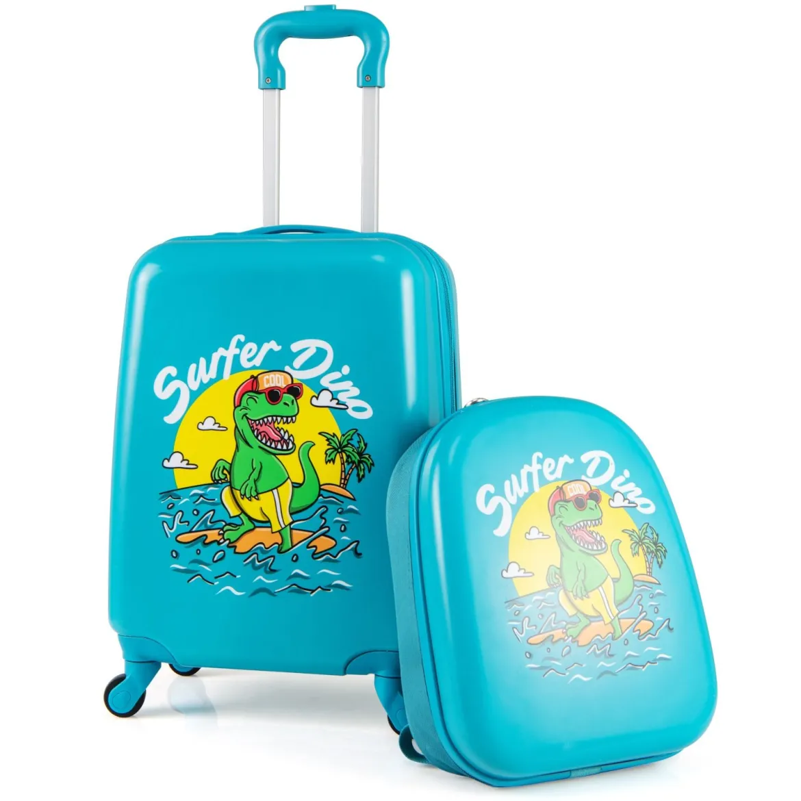 2tlg Kinderkoffer Set Kindergepäck mit Rädern 17" Handgepäck & 13" Hartschalen-Rucksack Dinosaurier Blau