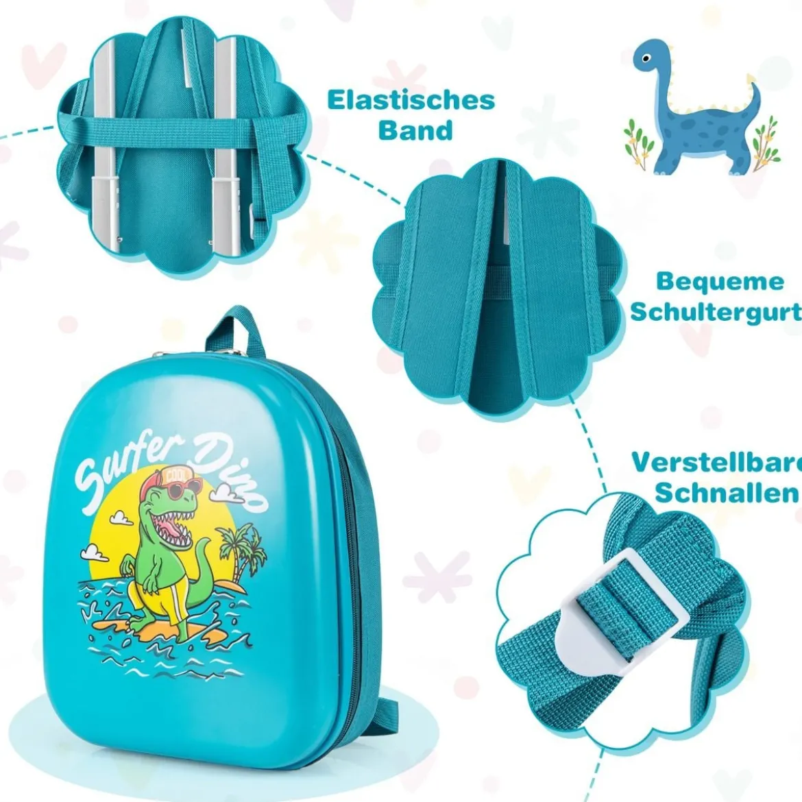 2tlg Kinderkoffer Set Kindergepäck mit Rädern 17" Handgepäck & 13" Hartschalen-Rucksack Dinosaurier Blau