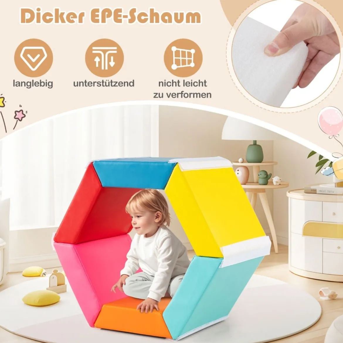 6 TLG. Kinder Schaumstoff Bausteine mit Abnehmbaren PU-Bezügen Sechseckiges Bällebad