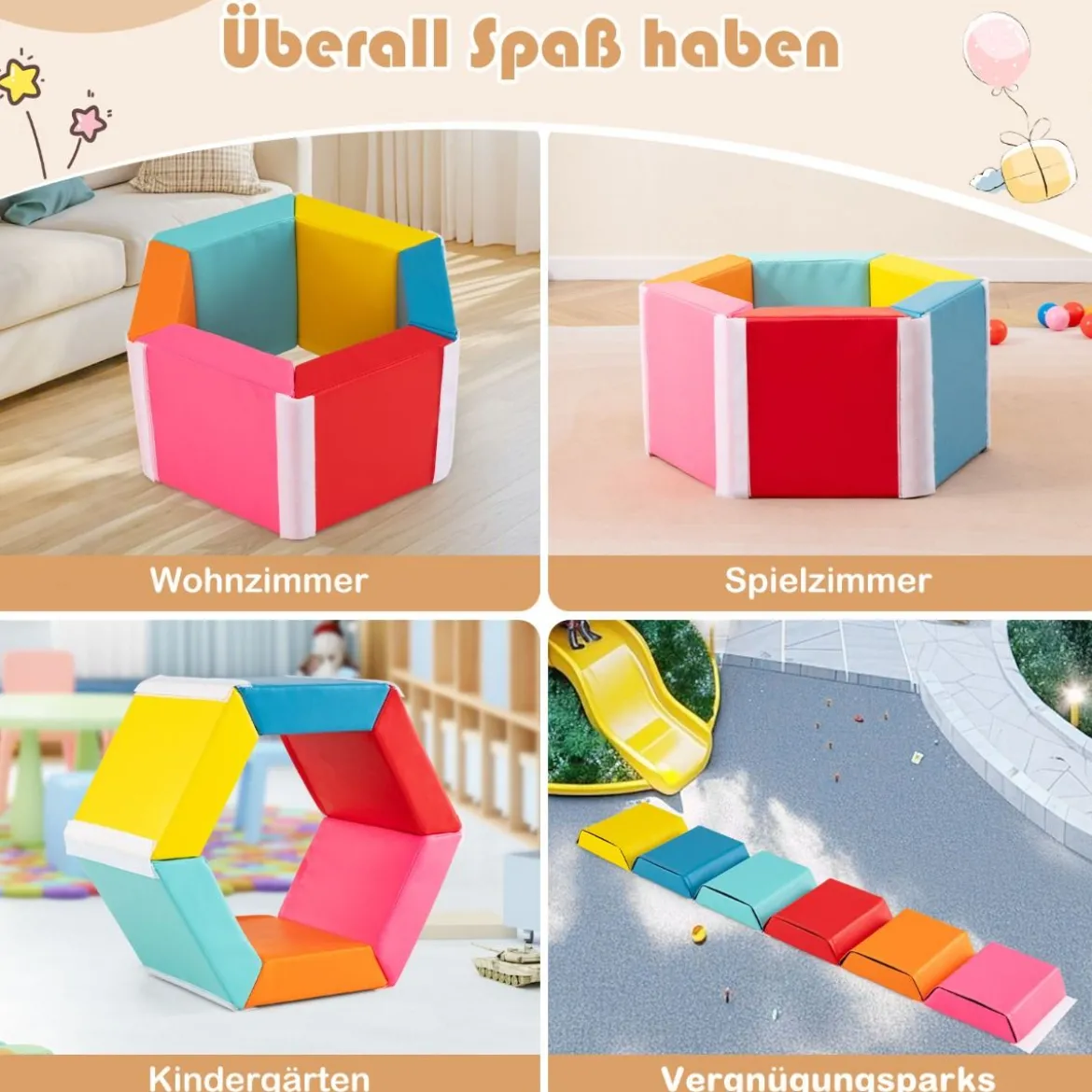 6 TLG. Kinder Schaumstoff Bausteine mit Abnehmbaren PU-Bezügen Sechseckiges Bällebad