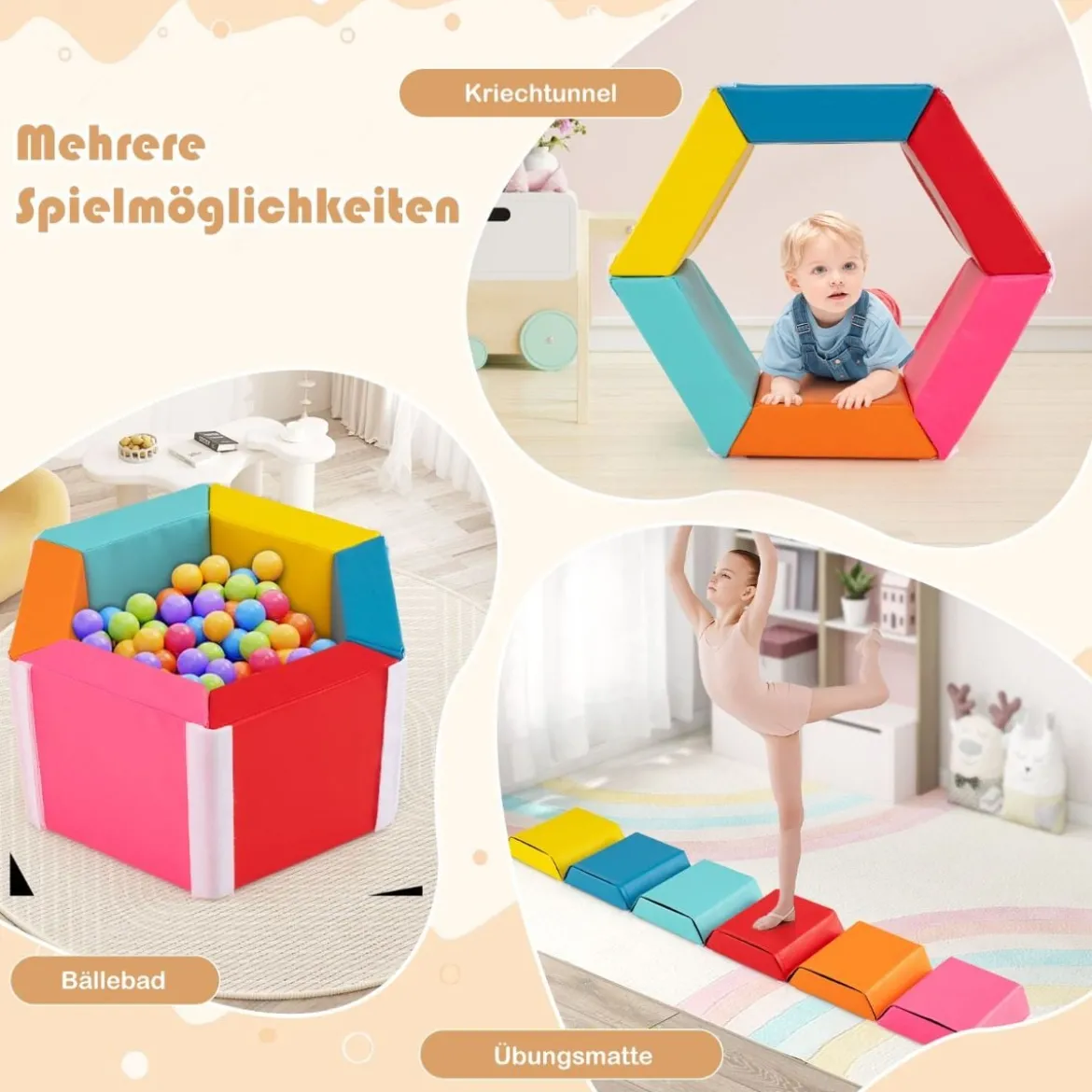 6 TLG. Kinder Schaumstoff Bausteine mit Abnehmbaren PU-Bezügen Sechseckiges Bällebad