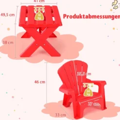 3 TLG. Kindersitzgruppe aus Kunststoff Kindertisch mit 2 Adirondack-Stühlen Rot