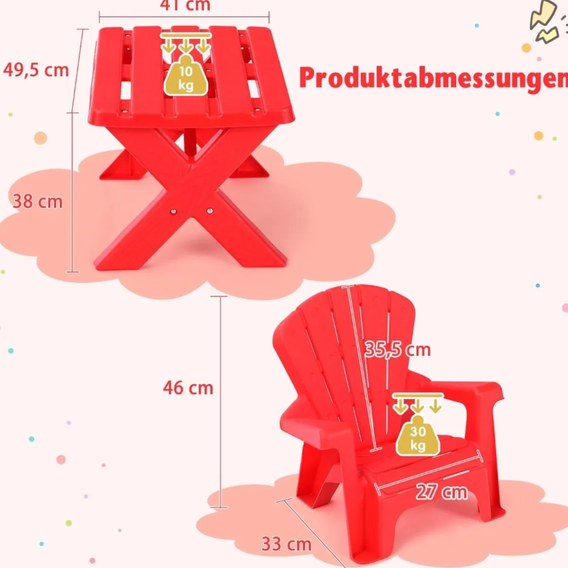 3 TLG. Kindersitzgruppe aus Kunststoff Kindertisch mit 2 Adirondack-Stühlen Rot