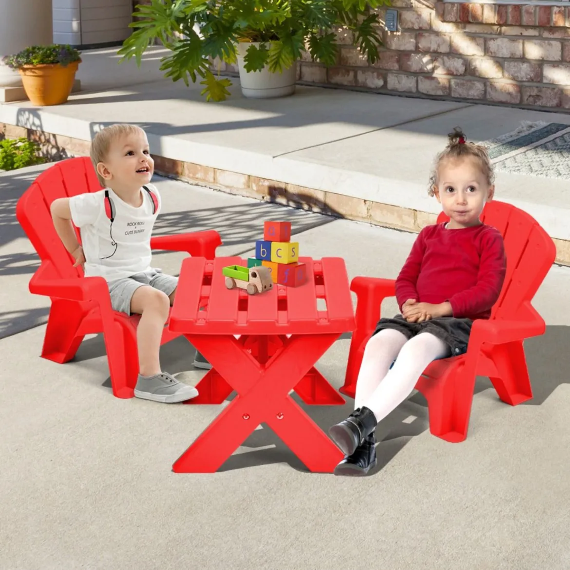 3 TLG. Kindersitzgruppe aus Kunststoff Kindertisch mit 2 Adirondack-Stühlen Rot
