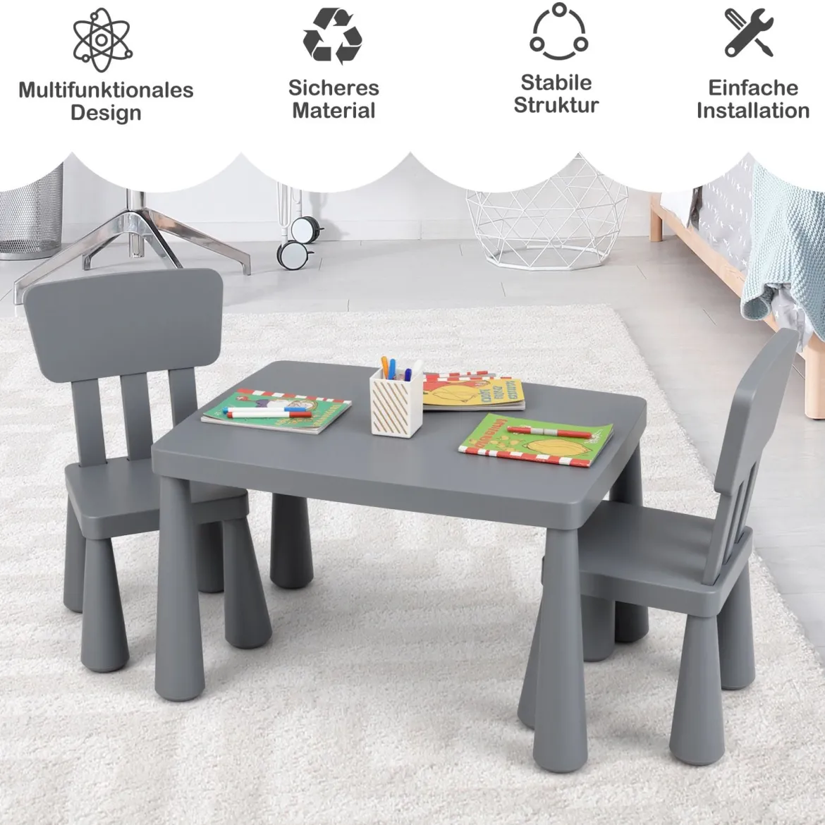 3 TLG. Kindersitzgruppe Kindertisch mit 2 Stühlen Kindermöbel aus Kunststoff Grau