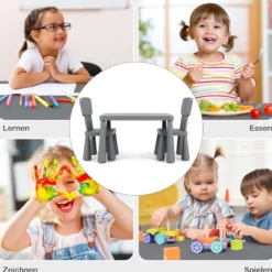 3 TLG. Kindersitzgruppe Kindertisch mit 2 Stühlen Kindermöbel aus Kunststoff Grau