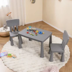 3 TLG. Kindersitzgruppe Kindertisch mit 2 Stühlen Kindermöbel aus Kunststoff Grau