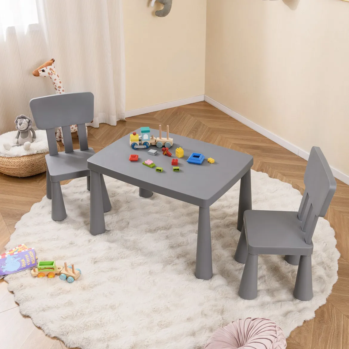 3 TLG. Kindersitzgruppe Kindertisch mit 2 Stühlen Kindermöbel aus Kunststoff Grau
