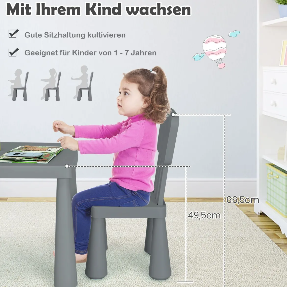 3 TLG. Kindersitzgruppe Kindertisch mit 2 Stühlen Kindermöbel aus Kunststoff Grau