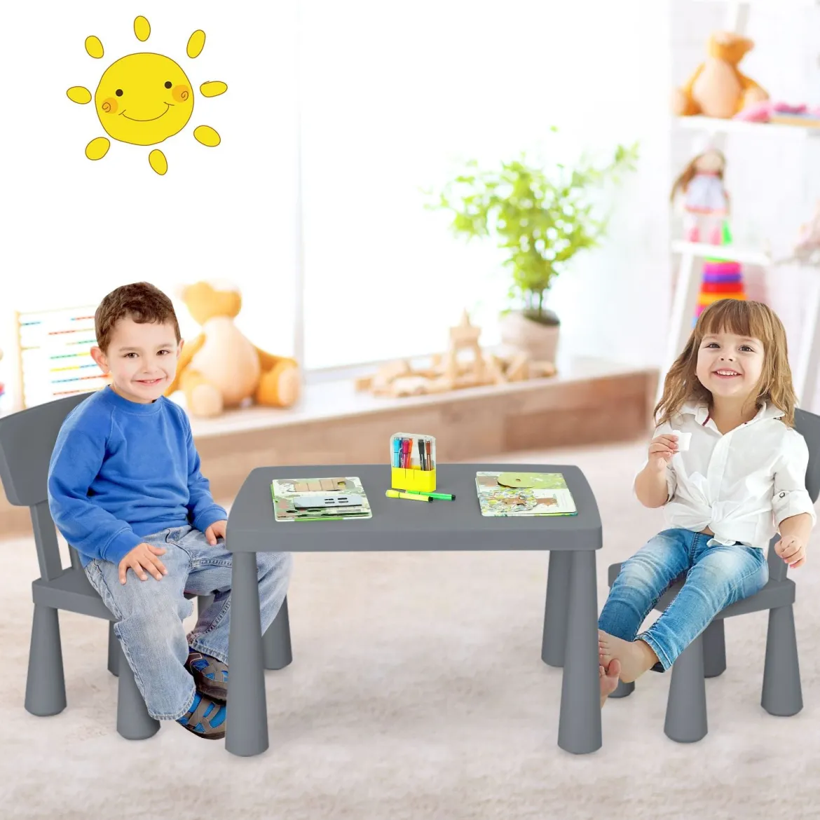 3 TLG. Kindersitzgruppe Kindertisch mit 2 Stühlen Kindermöbel aus Kunststoff Grau