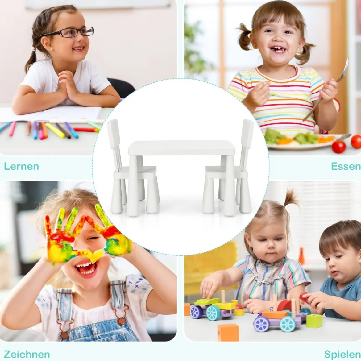3 TLG. Kindersitzgruppe Kindertisch mit 2 Stühlen Kindermöbel aus Kunststoff Weiß
