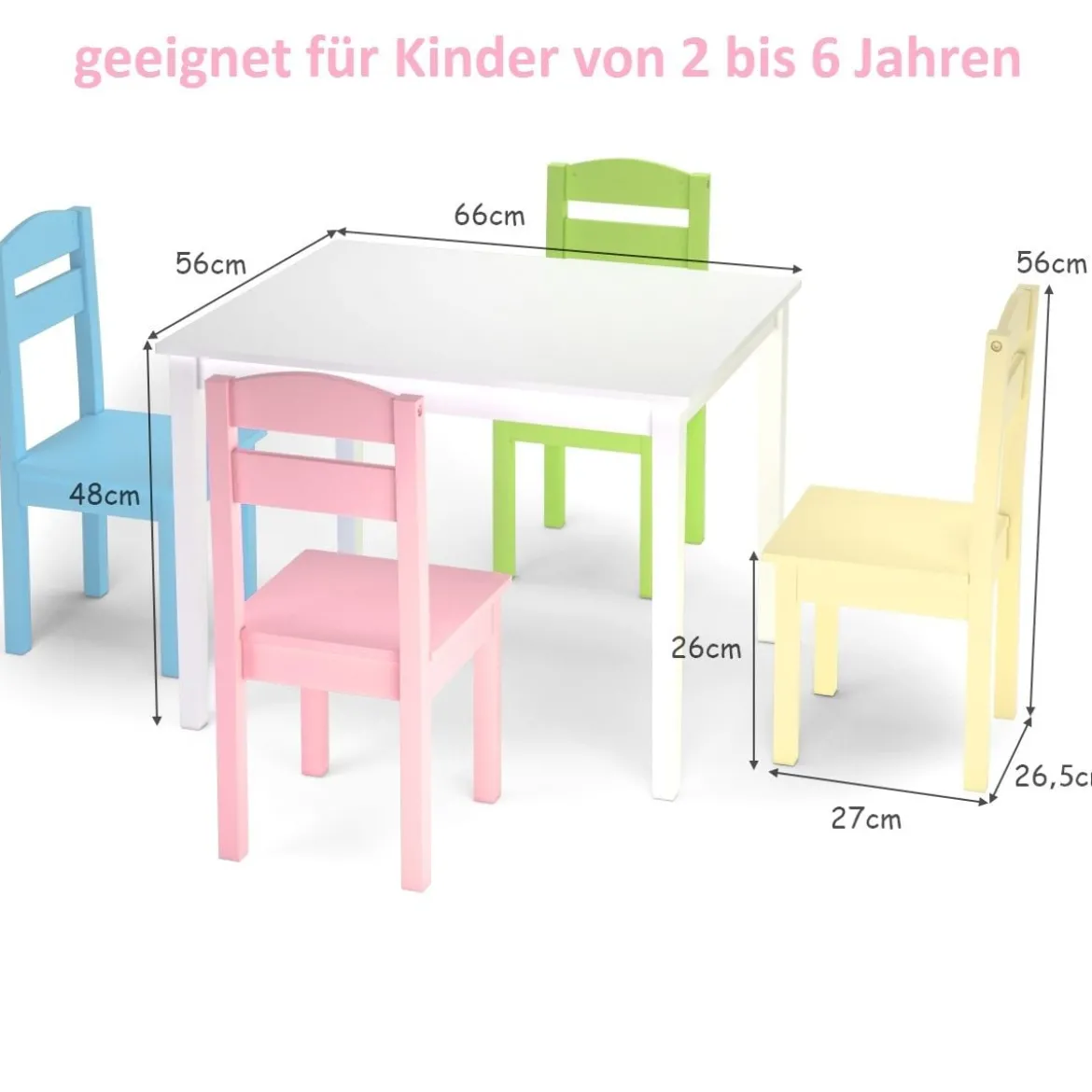 5 tlg. Kindersitzgruppe Kindertischgruppe Kindertisch mit 4 Stühlen Kiefer Farbig und Weiß