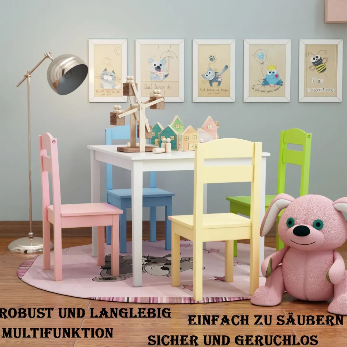 5 tlg. Kindersitzgruppe Kindertischgruppe Kindertisch mit 4 Stühlen Kiefer Farbig und Weiß