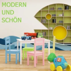 5 tlg. Kindersitzgruppe Kindertischgruppe Kindertisch mit 4 Stühlen Kiefer Farbig und Weiß