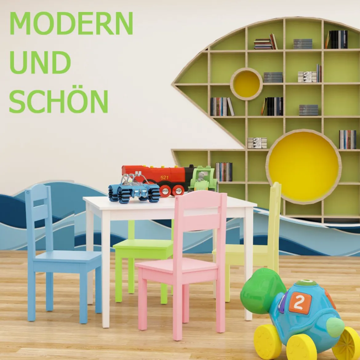 5 tlg. Kindersitzgruppe Kindertischgruppe Kindertisch mit 4 Stühlen Kiefer Farbig und Weiß