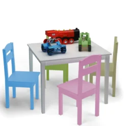 5 tlg. Kindersitzgruppe Kindertischgruppe Kindertisch mit 4 Stühlen Kiefer Farbig und Weiß