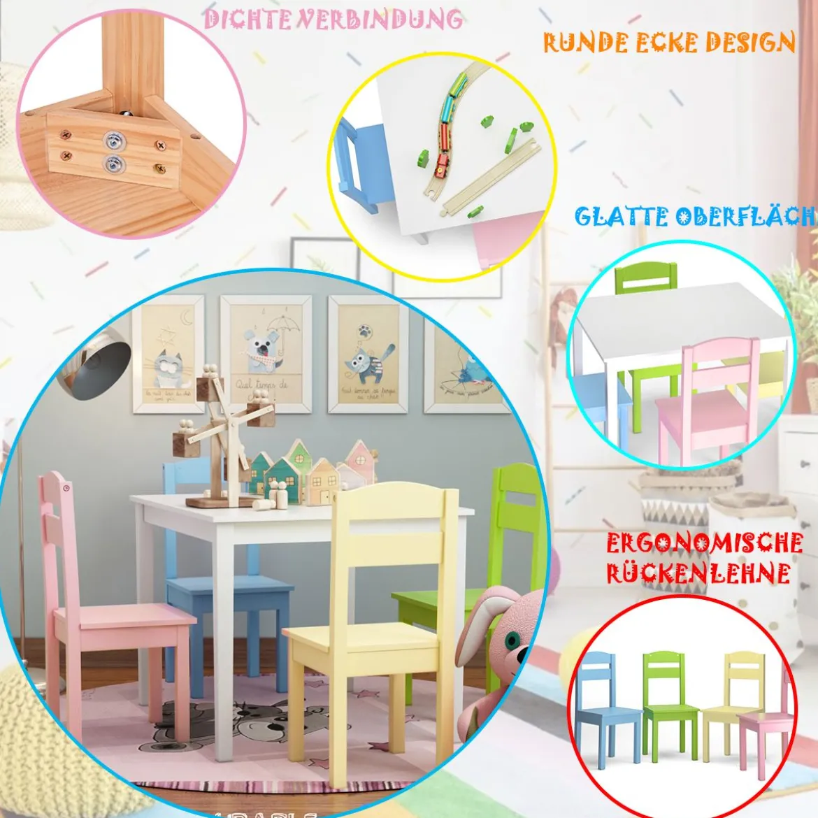 5 tlg. Kindersitzgruppe Kindertischgruppe Kindertisch mit 4 Stühlen Kiefer Farbig und Weiß