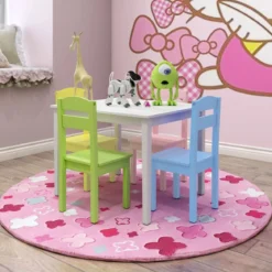 5 tlg. Kindersitzgruppe Kindertischgruppe Kindertisch mit 4 Stühlen Kiefer Farbig und Weiß