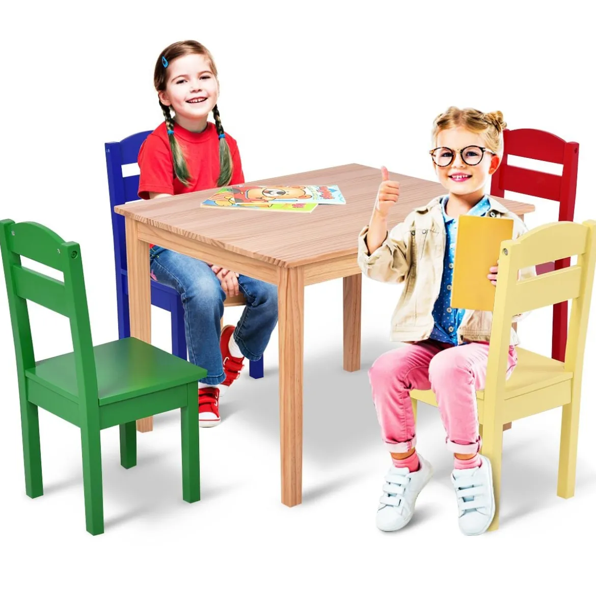 5 tlg. Kindersitzgruppe Kindertischgruppe Kindertisch mit 4 Stühlen Kiefer Farbig und Natur
