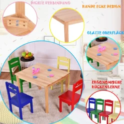 5 tlg. Kindersitzgruppe Kindertischgruppe Kindertisch mit 4 Stühlen Kiefer Farbig und Natur