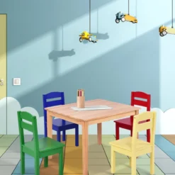 5 tlg. Kindersitzgruppe Kindertischgruppe Kindertisch mit 4 Stühlen Kiefer Farbig und Natur