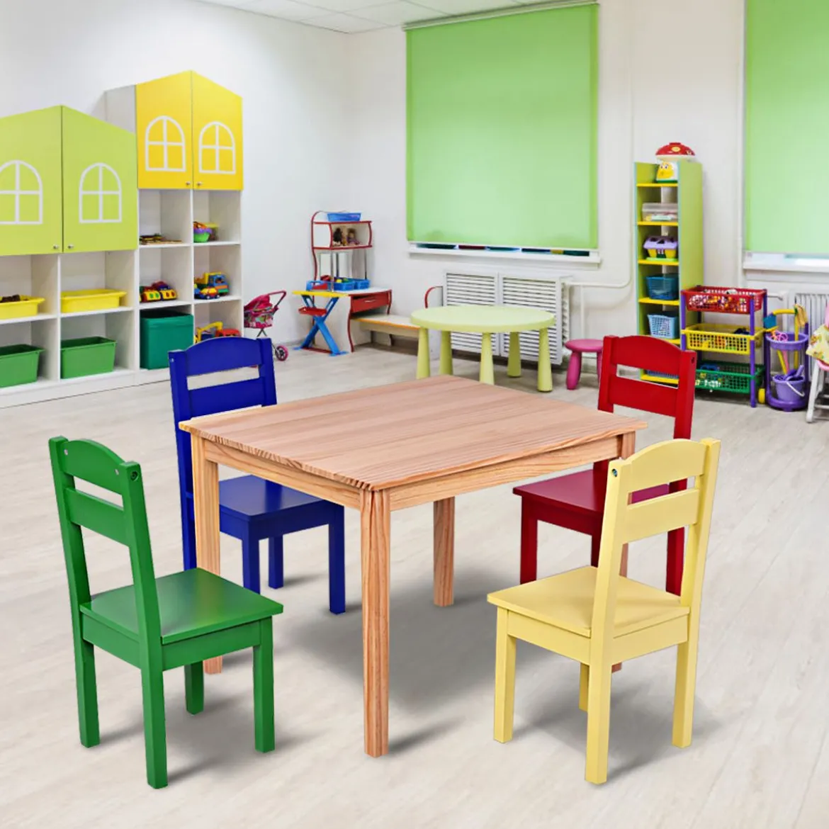 5 tlg. Kindersitzgruppe Kindertischgruppe Kindertisch mit 4 Stühlen Kiefer Farbig und Natur