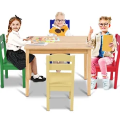 5 tlg. Kindersitzgruppe Kindertischgruppe Kindertisch mit 4 Stühlen Kiefer Farbig und Natur