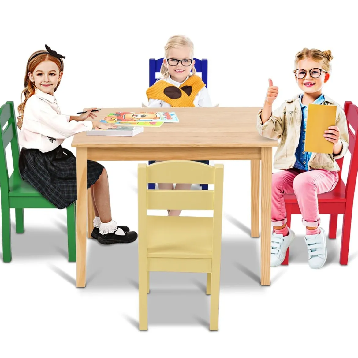 5 tlg. Kindersitzgruppe Kindertischgruppe Kindertisch mit 4 Stühlen Kiefer Farbig und Natur