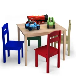 5 tlg. Kindersitzgruppe Kindertischgruppe Kindertisch mit 4 Stühlen Kiefer Farbig und Natur